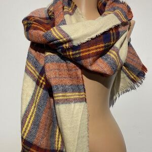 Unisex Multicolor Plaid Rectangular Print Fringe Trim Cream Scarf 28x78